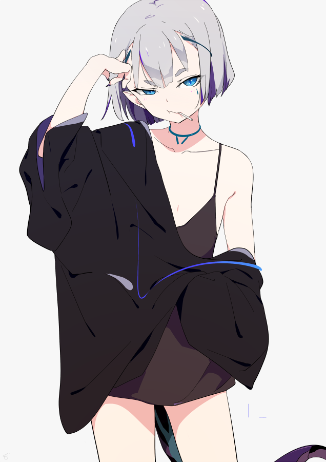 1girl bare_shoulders blue_eyes candy collarbone fingernails flat_chest food grey_hair lollipop looking_at_viewer original sharp_fingernails short_hair sohin solo