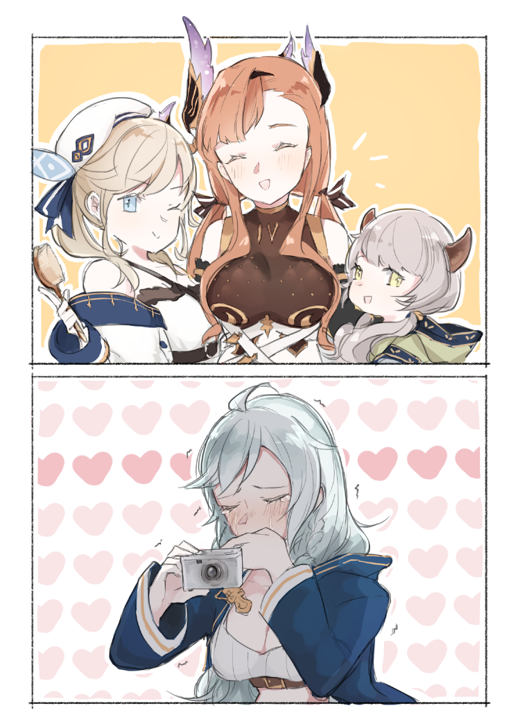 4girls ^_^ ahoge beret blonde_hair blue_eyes blush breasts brown_hair camera camieux cleavage closed_eyes crop_top cucouroux_(granblue_fantasy) detached_sleeves draph granblue_fantasy grey_hair hair_brush hair_ornament hat heart hood hood_down horns jacket large_breasts long_hair looking_at_viewer low_twintails multiple_girls one_eye_closed open_mouth saviala sidelocks silva_(granblue_fantasy) silver_hair smile song_(granblue_fantasy) tears trembling twintails upper_body yellow_eyes