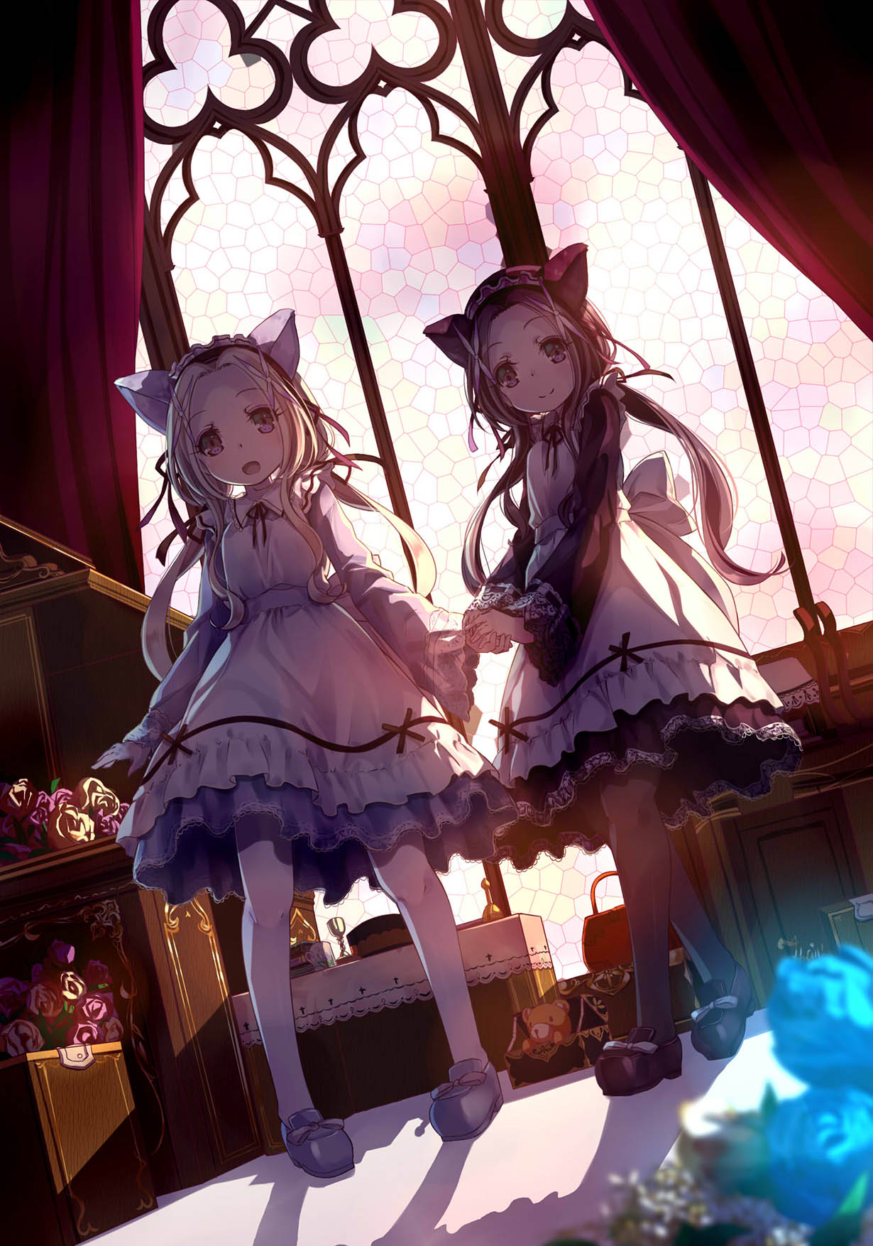 2girls 54hao :d animal_ears bangs black_footwear black_legwear black_shirt blue_flower blue_footwear blue_rose blurry blurry_foreground closed_mouth commentary curtains day depth_of_field dress dutch_angle eyebrows_visible_through_hair flower forehead hand_holding highres indoors kemonomimi_mode loafers long_hair long_sleeves looking_at_viewer multiple_girls open_mouth original pantyhose parted_bangs pink_flower pink_rose purple_hair rose shadow shirt shoes siblings sisters sleeveless sleeveless_dress smile stained_glass standing stuffed_animal stuffed_toy sunlight teddy_bear twins very_long_hair violet_eyes white_dress white_flower white_hair white_legwear white_rose wide_sleeves window
