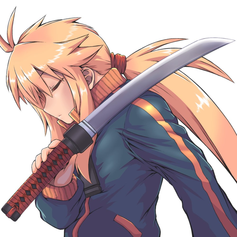 1girl ahoge blonde_hair closed_eyes closed_mouth commentary jacket koshirae_tsurugi long_hair m.m original over_shoulder ponytail sword sword_over_shoulder track_jacket unsheathed wakizashi weapon weapon_over_shoulder