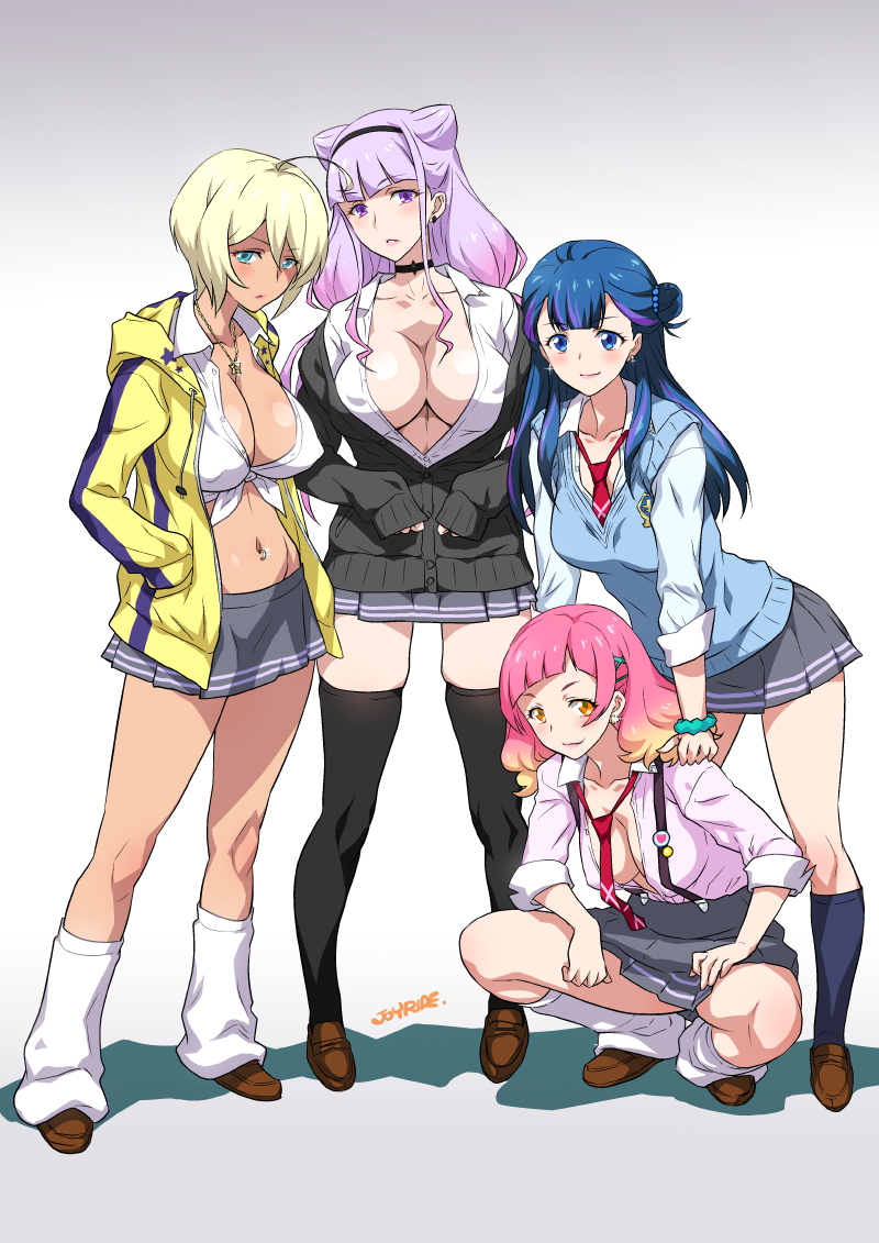 4girls ahoge artist_name black_choker black_hairband black_legwear blonde_hair blue_eyes blue_hair breasts choker cleavage closed_mouth commentary_request double_bun earrings full_body gradient gradient_background gradient_hair grey_background grey_skirt gyaru hair_ornament hairband hands_in_pockets hands_on_another's_shoulders hugtto!_precure jacket jewelry joy_ride kagayaki_homare kogal l'avenir_academy_uniform large_breasts long_hair looking_at_viewer midriff multicolored_hair multiple_girls navel navel_piercing necklace necktie nono_hana open_clothes open_shirt orange_eyes piercing pink_hair precure purple_hair red_neckwear ruru_amour school_uniform short_hair skirt smile socks squatting standing suspenders thigh-highs violet_eyes x_hair_ornament yakushiji_saaya yellow_jacket zettai_ryouiki