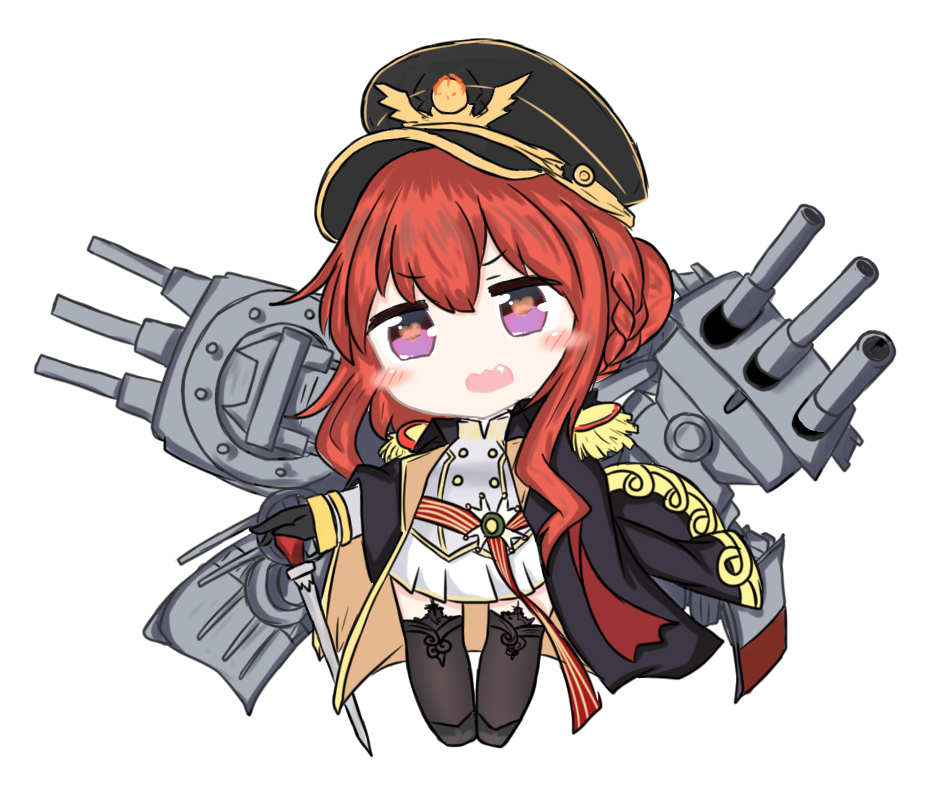 1girl azur_lane bailingxiao_jiu bangs black_footwear black_hat black_jacket black_legwear blush_stickers braid cane cannon chibi epaulettes eyebrows_visible_through_hair fang hair_between_eyes hair_bun hand_on_cane hat head_tilt heart heart-shaped_pupils jacket jacket_on_shoulders long_hair looking_at_viewer military military_hat military_jacket military_uniform monarch_(azur_lane) open_mouth peaked_cap pleated_skirt redhead shirt simple_background skirt solo standing symbol-shaped_pupils thigh-highs turret uniform very_long_hair violet_eyes white_background white_shirt white_skirt