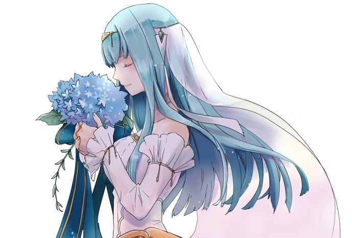 1girl bare_shoulders blue_hair bouquet bridal_veil bride closed_eyes dress fire_emblem fire_emblem:_rekka_no_ken fire_emblem_heroes flower from_side hair_ornament long_hair mamkute ninian robaco solo strapless strapless_dress veil wedding_dress white_dress