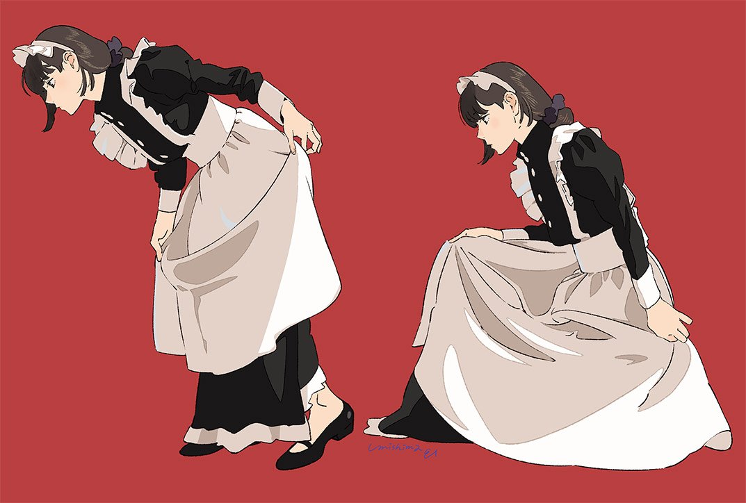 1girl apron black_dress black_footwear blush closed_mouth dress from_side hair_bun hair_ornament hair_scrunchie juliet_sleeves leaning_forward long_dress long_sleeves maid_apron maid_headdress multiple_views one_knee original parted_lips profile puffy_sleeves red_background scrunchie shoes signature simple_background standing umishima_senbon white_apron
