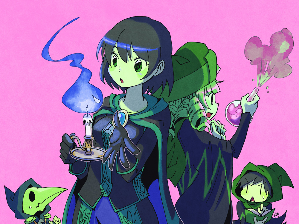 2boys 2girls black_hair blonde_hair breasts brooch candle cape chibi dark_acolyte_(shovel_knight) drill_hair gloves green_eyes hat hood jewelry medium_breasts missy_(shovel_knight) mona_(shovel_knight) multiple_boys multiple_girls open_mouth pink_background plague_doctor_mask plague_knight potion robe sachy_(sachichy) shovel_knight simple_background sweatdrop triangle_mouth upper_body wavy_mouth