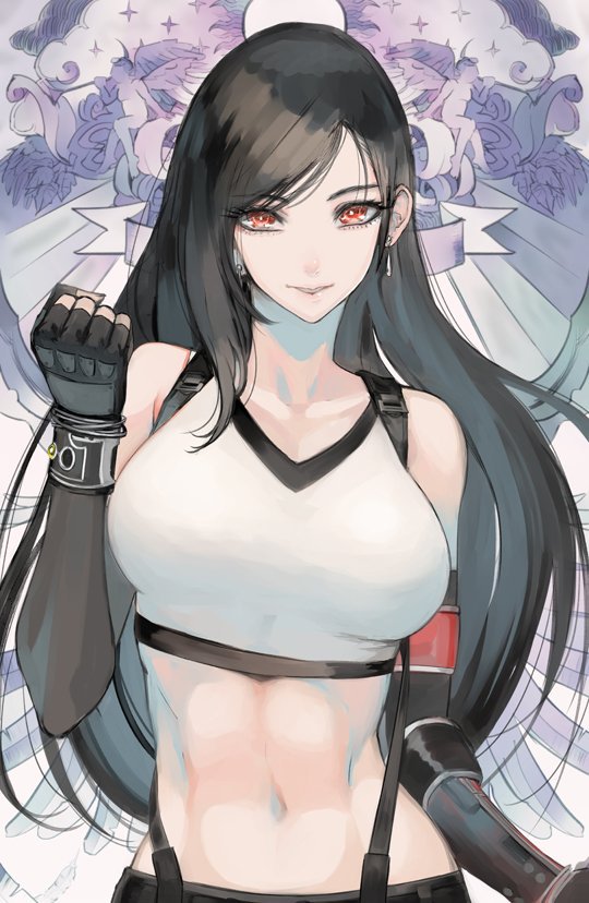 1girl bangs bare_shoulders black_hair black_skirt brown_eyes clenched_hand earrings elbow_pads final_fantasy final_fantasy_vii final_fantasy_vii_remake fingerless_gloves gloves jewelry long_hair looking_at_viewer low-tied_long_hair midriff minsgraph_jp navel pencil_skirt shirt skirt square_enix standing suspender_skirt suspenders tank_top taut_clothes taut_shirt tifa_lockhart
