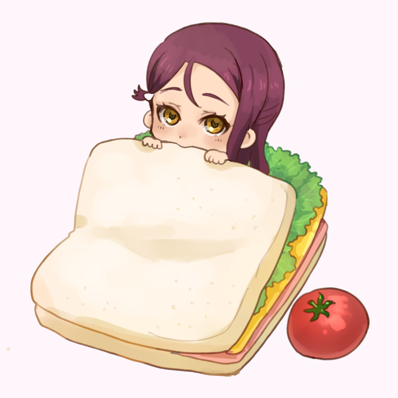 1girl beniko08 commentary food hair_ornament hairclip half_updo highres in_food lettuce looking_at_viewer love_live! love_live!_sunshine!! minigirl pink_background redhead sakurauchi_riko sandwich simple_background solo tomato yellow_eyes