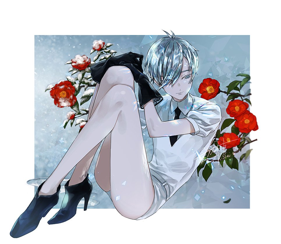 1other androgynous antarcticite camellia colored_eyelashes eyes_visible_through_hair flower gem_uniform_(houseki_no_kuni) gloves grey_eyes high_heels houseki_no_kuni long_bangs necktie short_hair silver_hair smile solo white_eyes white_hair yooani