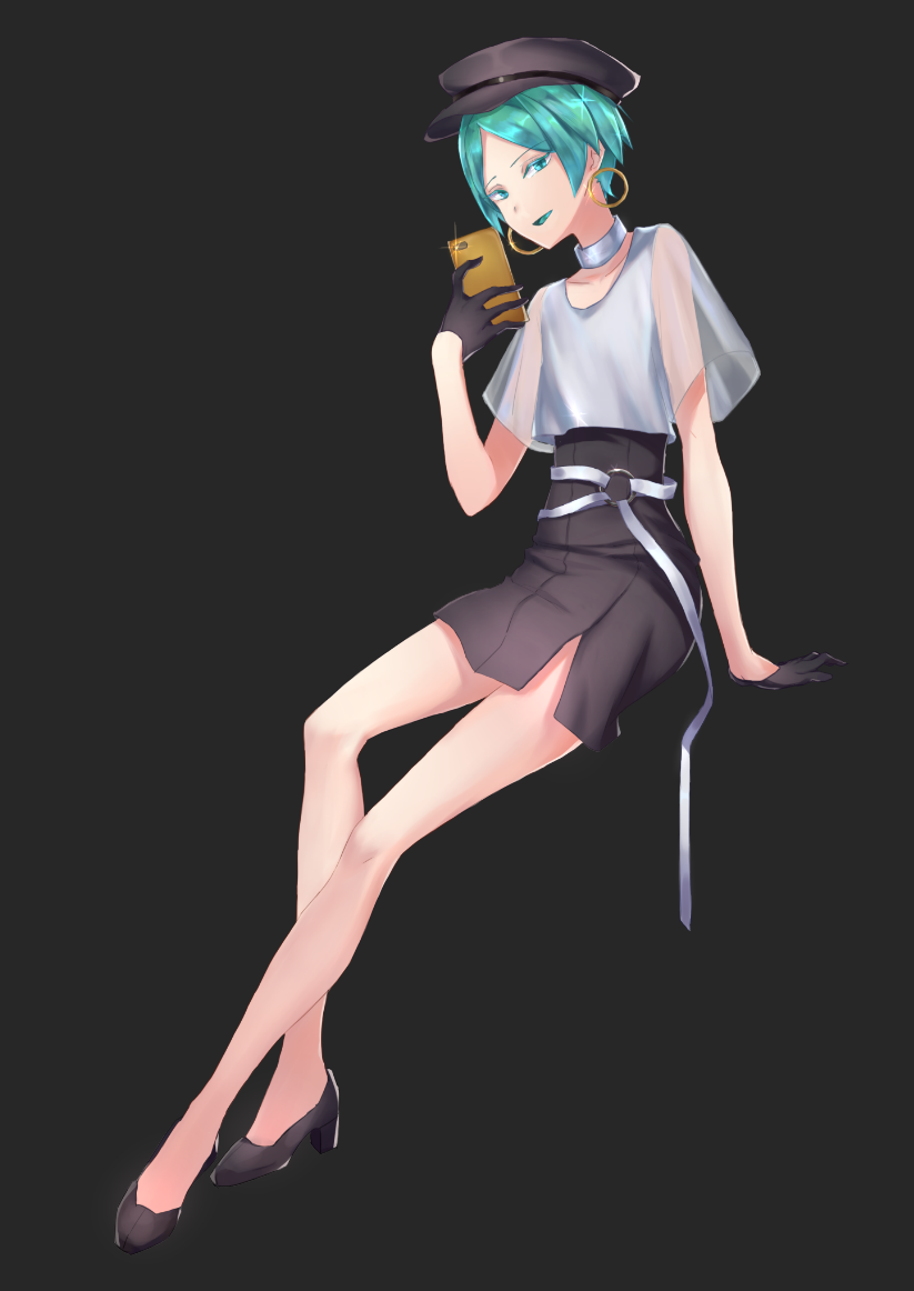 1other alternate_costume androgynous cellphone choker colored_eyelashes contemporary dark_background earrings full_body gloves green_eyes green_hair hat houseki_no_kuni jewelry looking_at_viewer meng phone phosphophyllite see-through short_hair simple_background skirt smartphone smile solo sparkle