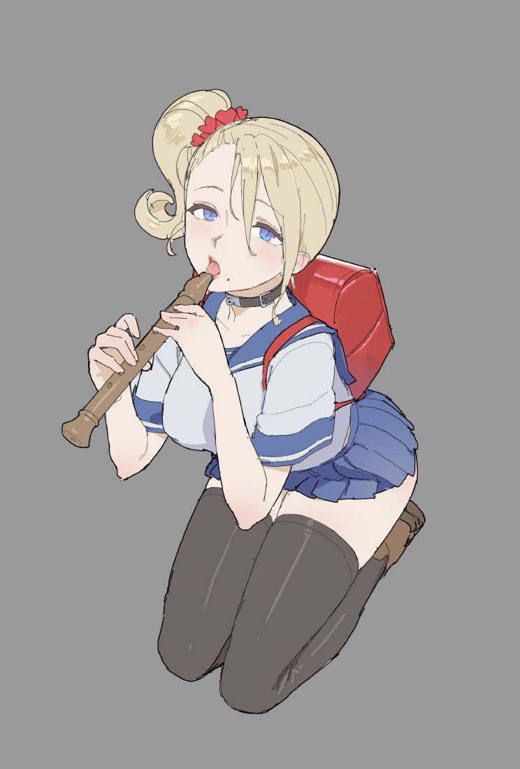 1girl backpack bag black_legwear blonde_hair blue_eyes blue_sailor_collar blue_skirt blush brown_footwear commentary english_commentary grey_background grey_shirt hair_ornament hair_scrunchie holding holding_instrument instrument looking_at_viewer mole mole_under_mouth one_side_up original pleated_skirt randoseru recorder sailor_collar school_uniform scrunchie seiza serafuku shirt shoes short_hair short_sleeves simple_background sitting skirt solo thigh-highs tim_loechner tongue tongue_out