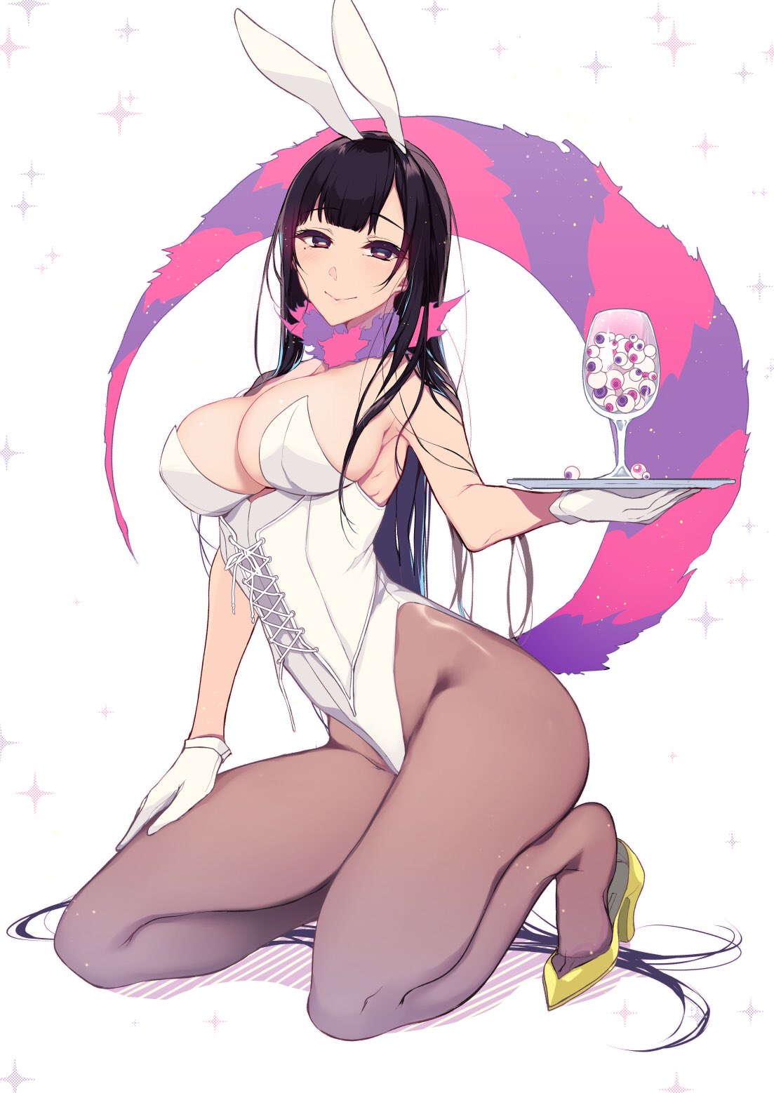 1girl ane_naru_mono animal_ears armpits bangs bare_shoulders black_hair blush breasts brown_eyes brown_legwear bunny_girl bunnysuit chiyo_(ane_naru_mono) cleavage cup detached_collar drinking_glass eyebrows_visible_through_hair full_body fur_choker garters gloves groin hand_on_lap hand_up high_heels highres holding holding_tray kneeling large_breasts leotard long_hair looking_at_viewer mole mole_under_eye pantyhose pochi_(pochi-goya) rabbit_ears smile solo strapless strapless_leotard tail tray very_long_hair violet_eyes white_background white_gloves yellow_footwear