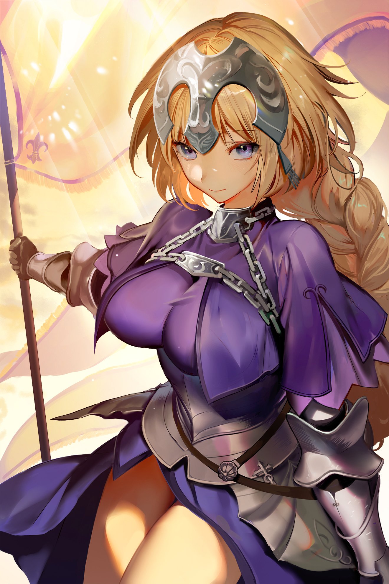 1girl armor armored_dress bangs blonde_hair blue_eyes braid breasts capelet chains commentary_request cowboy_shot eyebrows_visible_through_hair fate/apocrypha fate_(series) faulds flag gauntlets headpiece highres holding holding_flag jeanne_d'arc_(fate) jeanne_d'arc_(fate)_(all) large_breasts long_braid long_hair looking_at_viewer shycocoa single_braid solo very_long_hair