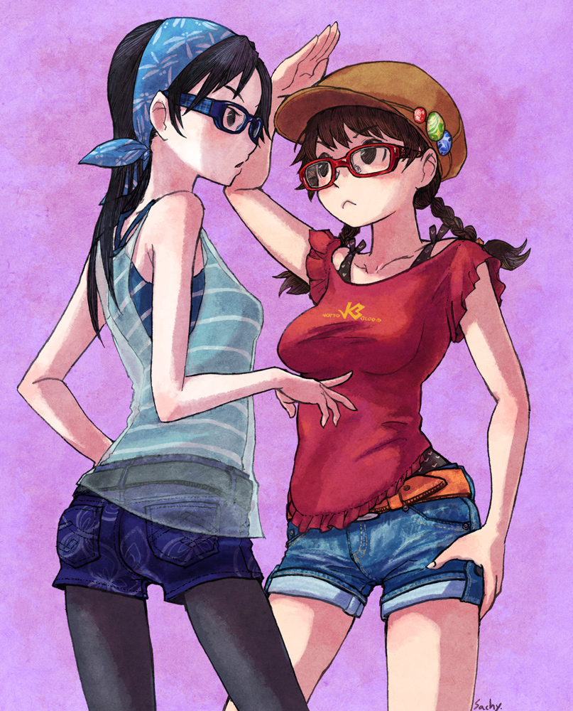 2girls :&lt; arm_up artist_name bandanna bare_shoulders belt black_eyes black_hair black_legwear blouse braid breasts brown_eyes brown_hair cowboy_shot denim denim_shorts glasses hat long_hair medium_breasts multiple_girls open_mouth original pantyhose pink_background sachy_(sachichy) see-through short_shorts shorts signature simple_background sleeveless twin_braids