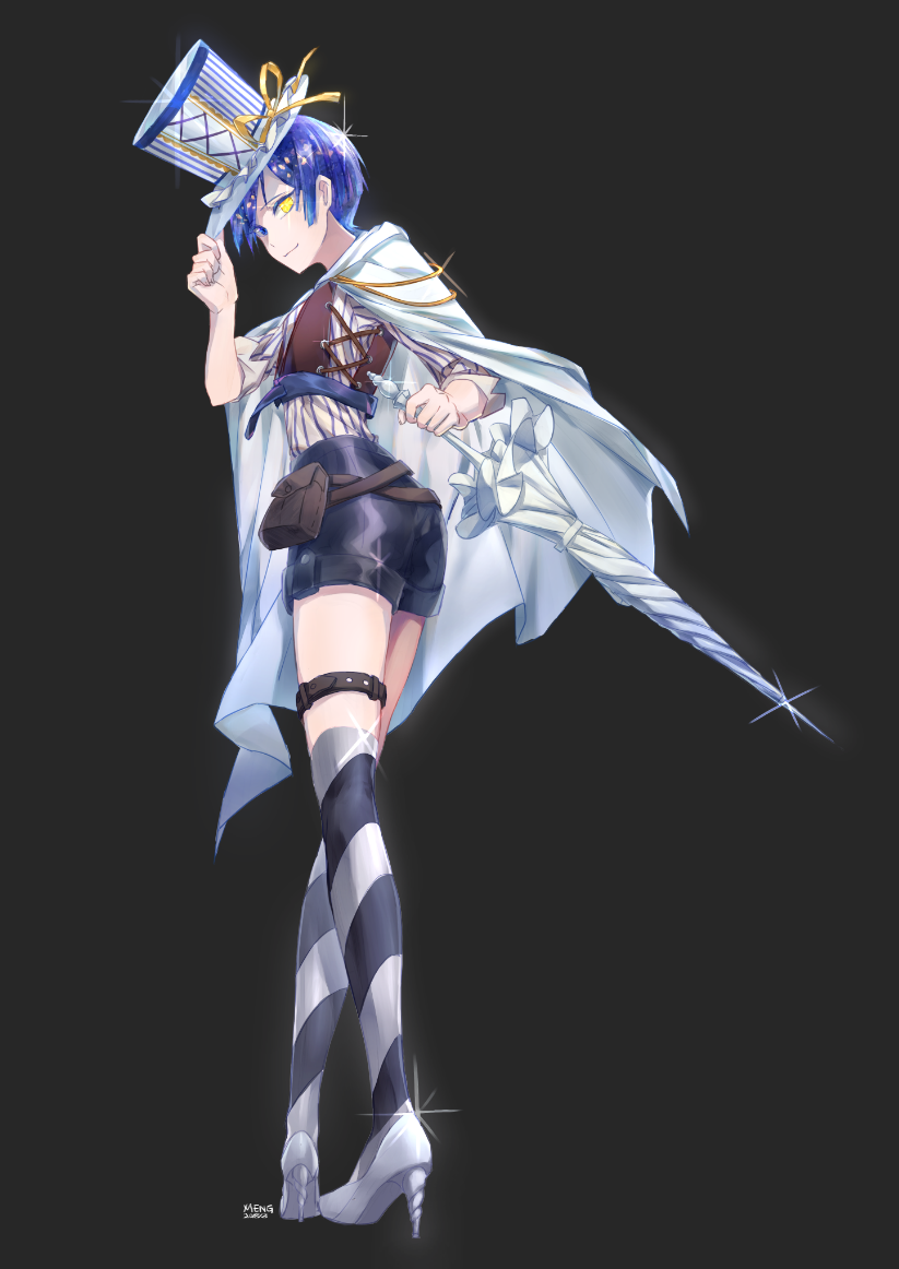 1other alternate_costume androgynous belt blue_eyes blue_hair cape colored_eyelashes dark_background hand_on_headwear hat heterochromia high_heels houseki_no_kuni looking_at_viewer looking_back meng phosphophyllite phosphophyllite_(ll) pouch short_hair shorts smile solo sparkle spoilers top_hat umbrella yellow_eyes
