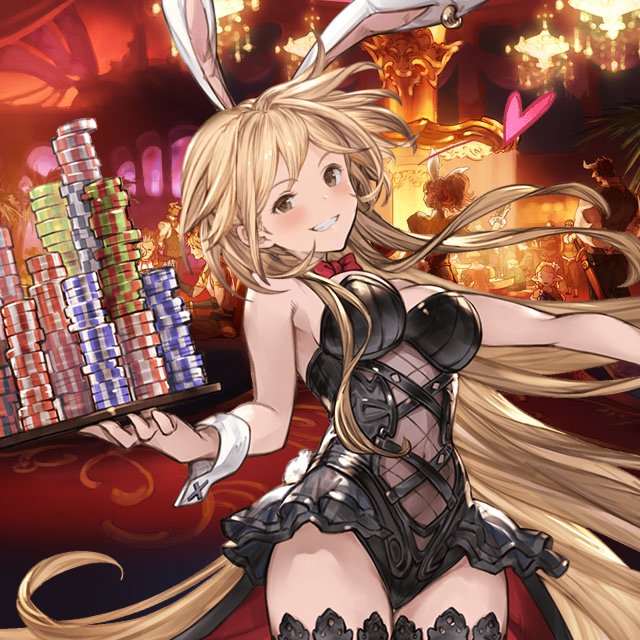 1girl animal_ears black_leotard blonde_hair bunnysuit casino djeeta_(granblue_fantasy) granblue_fantasy leotard rabbit_ears short_hair strapless strapless_leotard tray