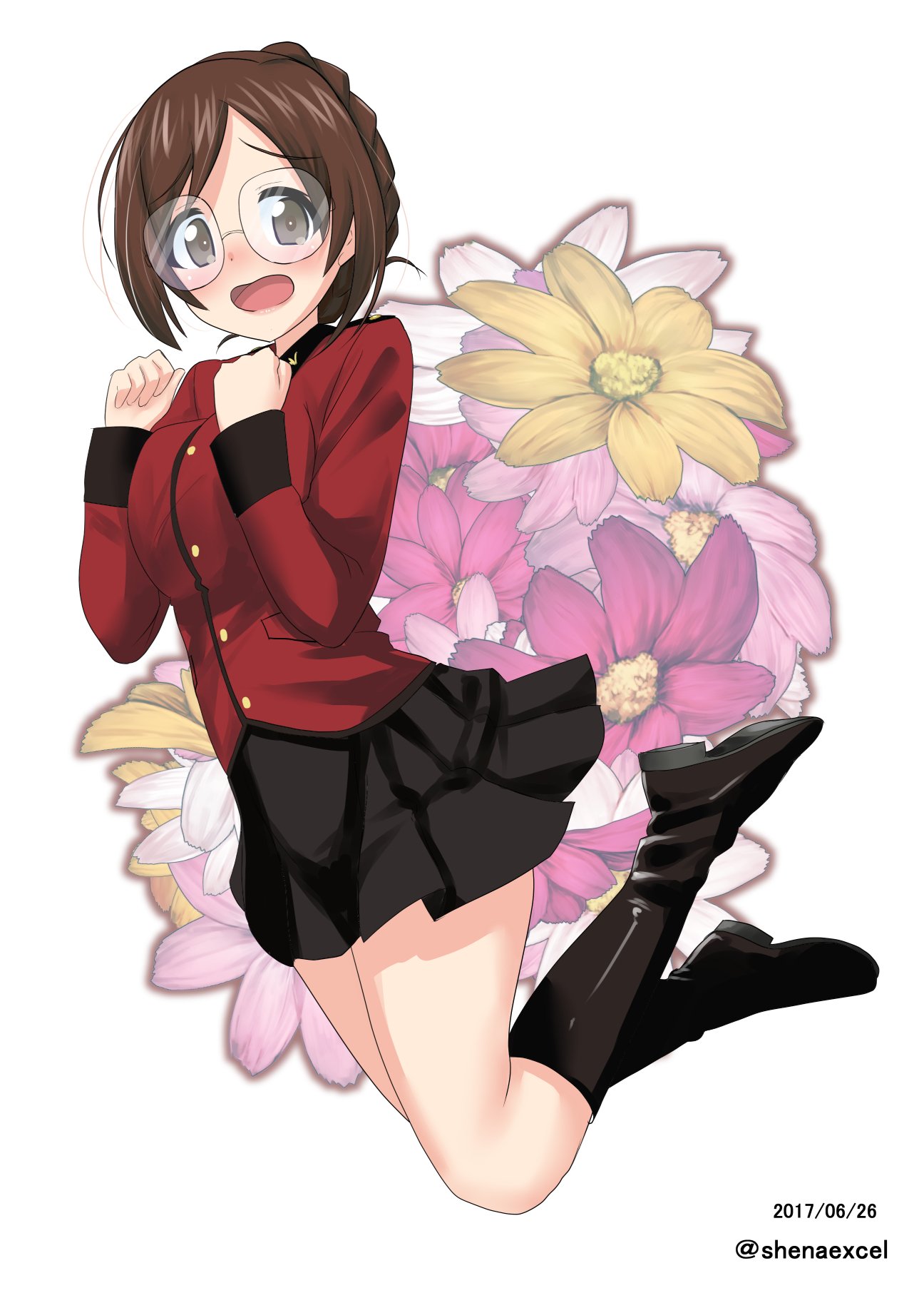 1girl black_footwear black_skirt boots braid brown_eyes brown_hair commentary_request crown_braid dated epaulettes excel_(shena) eyebrows_visible_through_hair floral_background flower_request frown girls_und_panzer glasses highres jacket jumping knee_boots long_sleeves looking_at_viewer military military_uniform miniskirt nilgiri open_mouth pleated_skirt red_jacket round_eyewear short_hair skirt solo st._gloriana's_military_uniform twitter_username uniform white_background