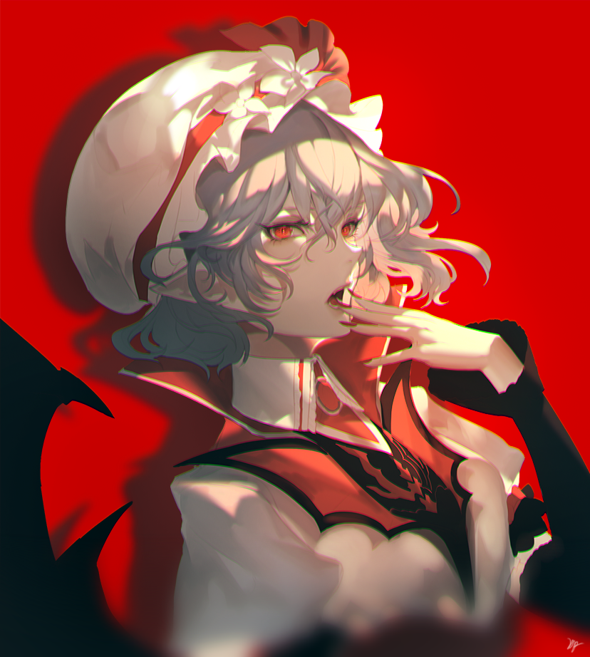 1girl bat_wings breasts dp_(dapang106) eyelashes eyeliner fingernails hat hat_ribbon high_collar lavender_hair long_fingernails makeup mob_cap nail_polish red_background red_eyes red_nails remilia_scarlet ribbon short_hair slit_pupils small_breasts solo touhou vampire wings