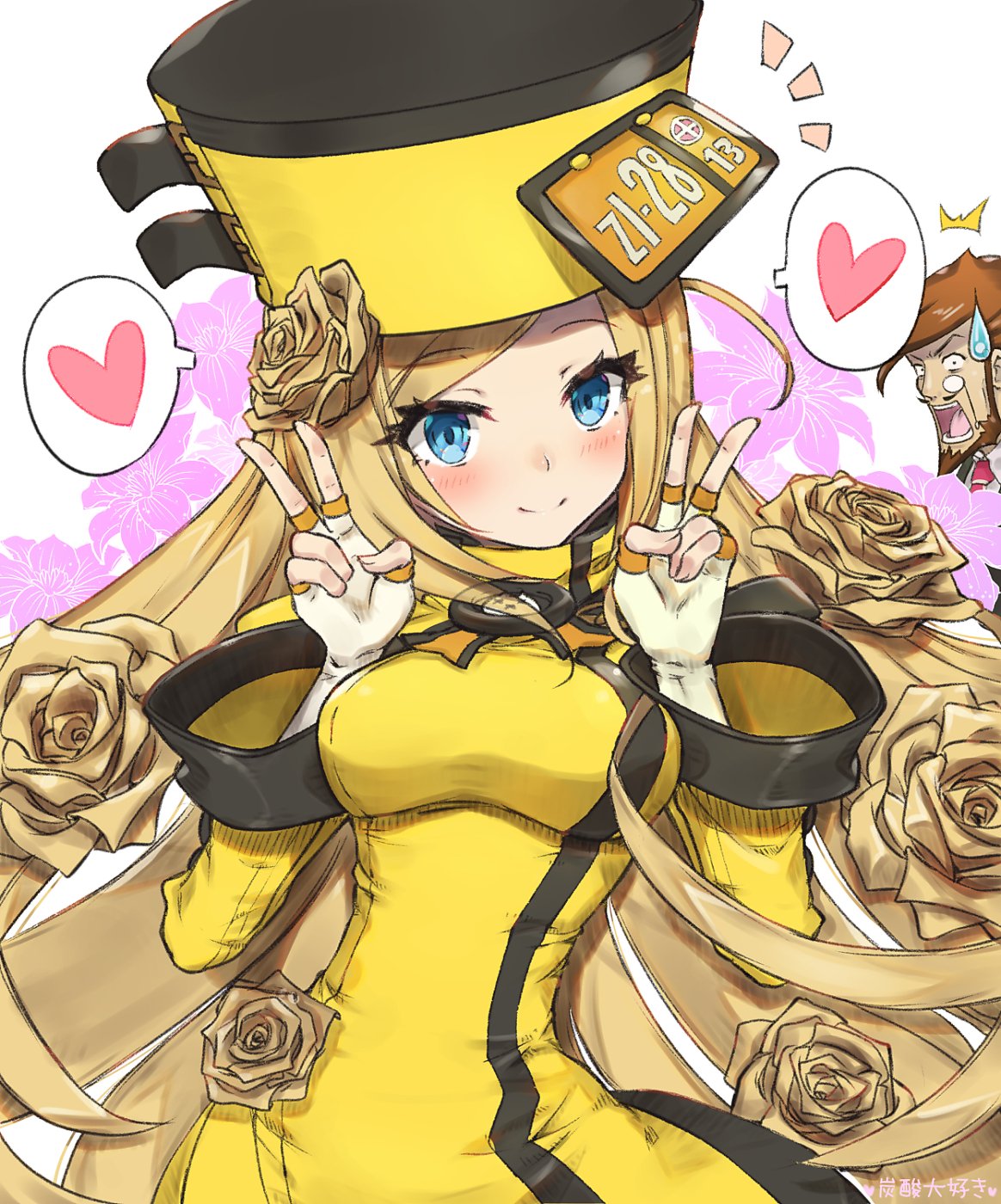 1boy 1girl beard blonde_hair blue_eyes blush breasts brown_hair closed_mouth double_v eyebrows_visible_through_hair facial_hair fingerless_gloves gloves guilty_gear guilty_gear_xrd heart highres large_breasts long_sleeves looking_at_another looking_at_viewer millia_rage monocle short_hair smile speech_bubble spoken_heart sweatdrop tansan_daisuke tansan_daisuki v white_gloves