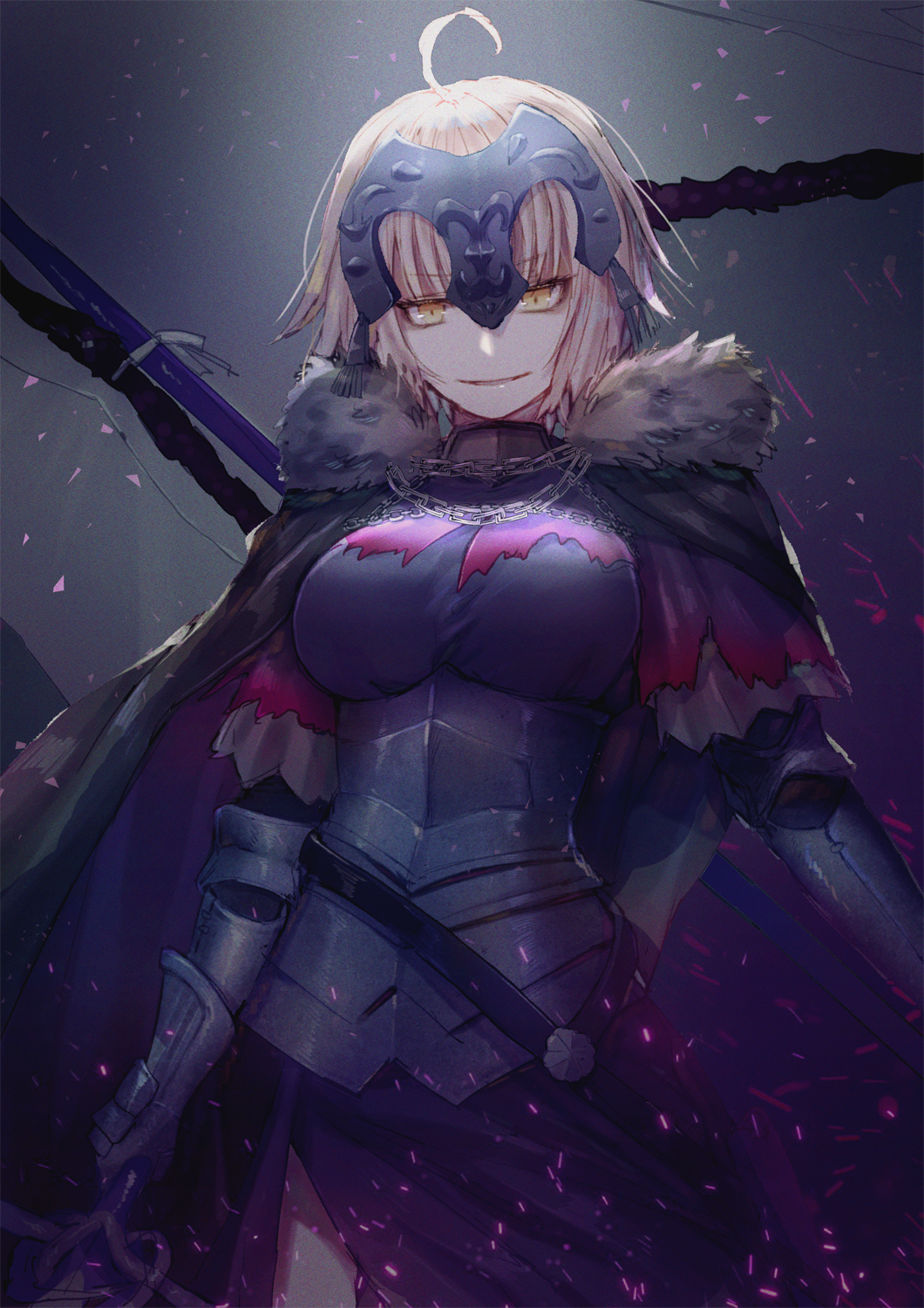 1girl ahoge armor bangs black_legwear blonde_hair blush breasts cape chains cleavage eyebrows_visible_through_hair fate/apocrypha fate/grand_order fate_(series) forehead_protector framed_breasts fur_trim hanato_(seonoaiko) headpiece highres holding holding_pole holding_sword holding_weapon jeanne_d'arc_(alter)_(fate) jeanne_d'arc_(fate) jeanne_d'arc_(fate)_(all) large_breasts light_particles long_hair looking_at_viewer medium_breasts open_mouth short_hair silver_hair smile solo sword thigh-highs weapon yellow_eyes