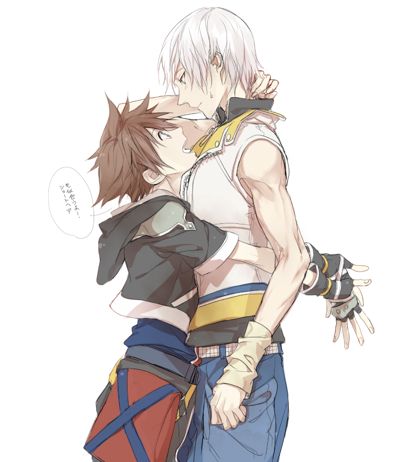 2boys blue_eyes brown_hair fingerless_gloves gloves height_difference hug izumi_(nagashi) kingdom_hearts looking_at_another male_focus multiple_boys riku silver_hair sora_(kingdom_hearts) sweatdrop