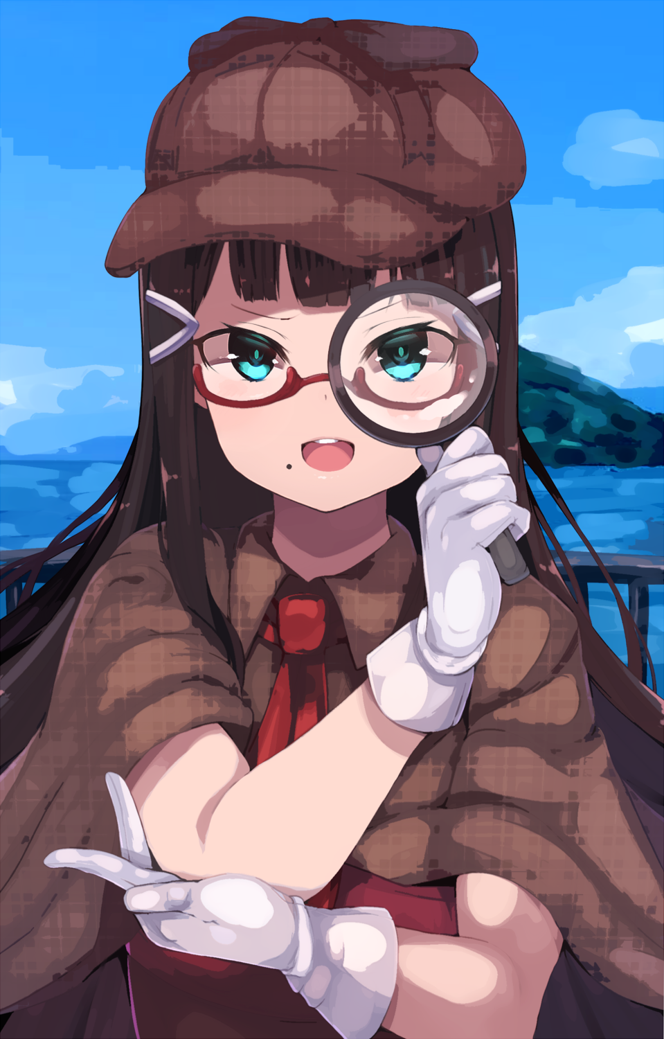 1girl :d aqua_eyes atsutoku bangs bespectacled black_hair blunt_bangs bow brown_bow brown_cape brown_hat cape commentary_request deerstalker detective glasses gloves hair_ornament hairclip hand_on_own_arm hat hat_bow highres holding kurosawa_dia long_hair looking_at_viewer love_live! love_live!_sunshine!! magnifying_glass necktie ocean open_mouth outdoors railing red-framed_eyewear red_neckwear semi-rimless_eyewear smile solo under-rim_eyewear upper_body v-shaped_eyebrows white_gloves