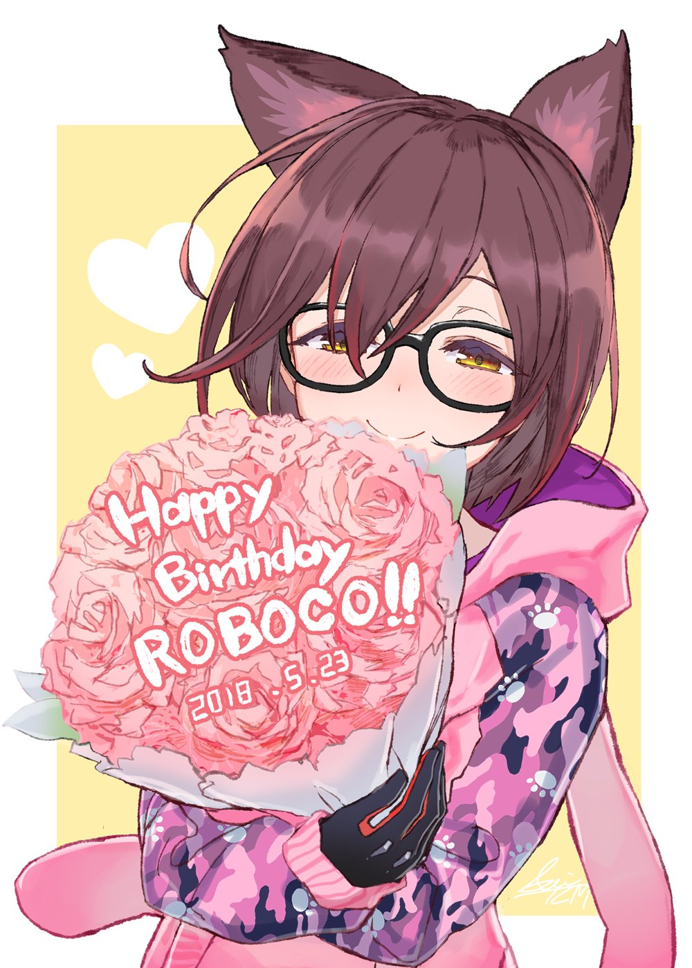 1girl animal_ears bangs birthday blush bouquet brown_hair camouflage_hoodie cat_ears closed_mouth commentary dated flower glasses hair_between_eyes happy_birthday heart highres hood hoodie izumi_sai looking_at_viewer pink_hoodie roboco-san roboco_ch. short_hair smile solo virtual_youtuber yellow_eyes