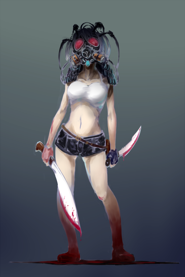 1girl belt black_gloves black_shorts blood bloody_weapon breasts contrapposto facial_mark facing_viewer fingerless_gloves full_body gloves grey_background holding holding_sword holding_weapon jaco large_breasts navel original reverse_grip shoes short_shorts shorts solo standing sword weapon