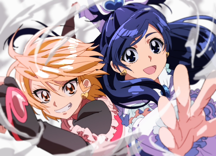 2girls blue_eyes blue_hair brown_eyes brown_hair cure_black cure_white detached_sleeves earrings foreshortening frills futari_wa_precure grin hand_holding jewelry long_hair looking_at_viewer magical_girl mesushirindaa misumi_nagisa multiple_girls open_mouth orange_eyes orange_hair outstretched_hand ponytail precure short_hair smile teeth thick_eyebrows wind yukishiro_honoka