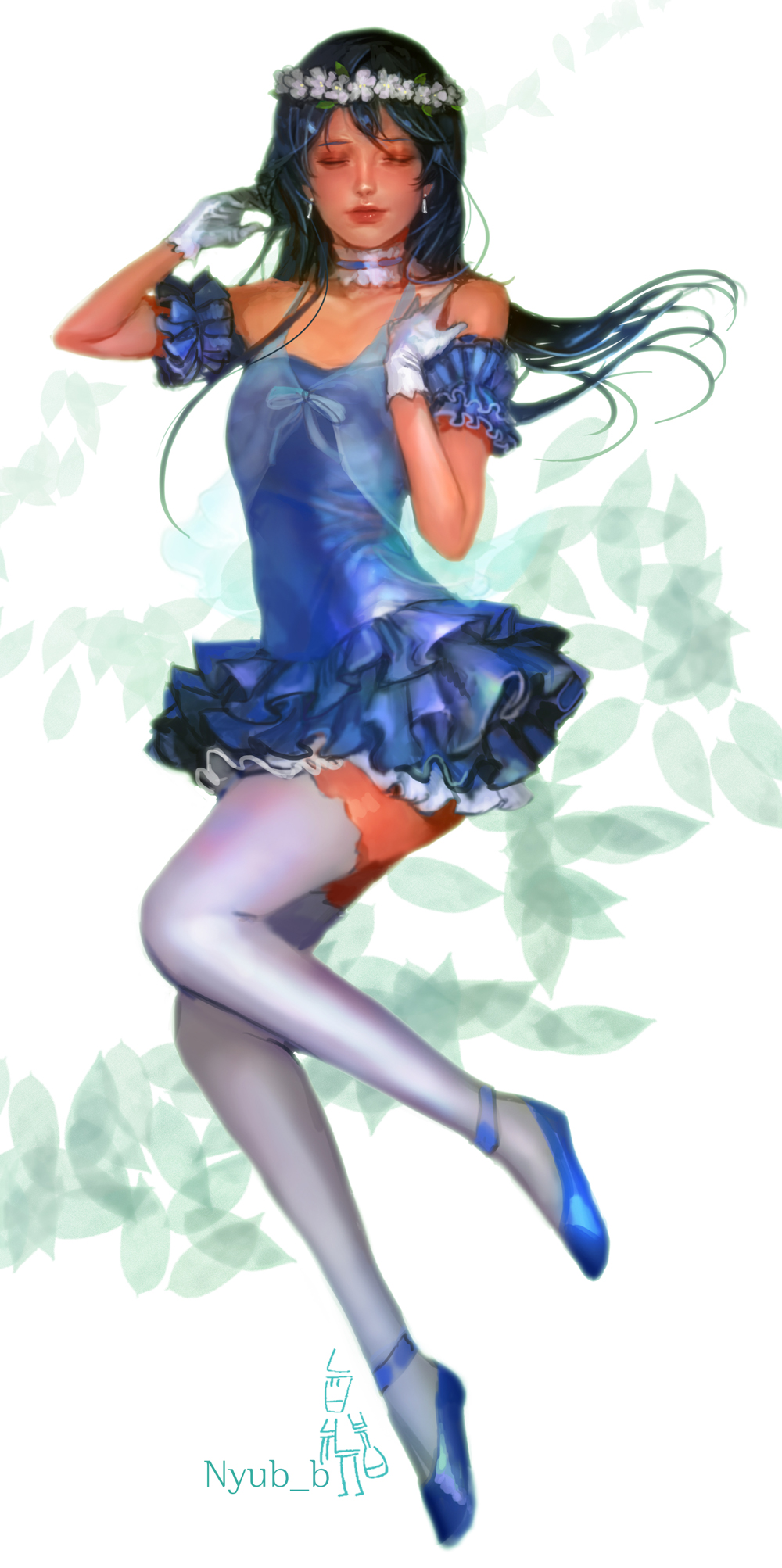 1girl bangs bare_shoulders blue_hair choker closed_eyes commentary_request dress earrings flower full_body gloves hair_between_eyes hair_ornament head_wreath highres jewelry long_hair love_live! love_live!_school_idol_project nyubb realistic solo sonoda_umi thigh-highs white_gloves yume_no_tobira