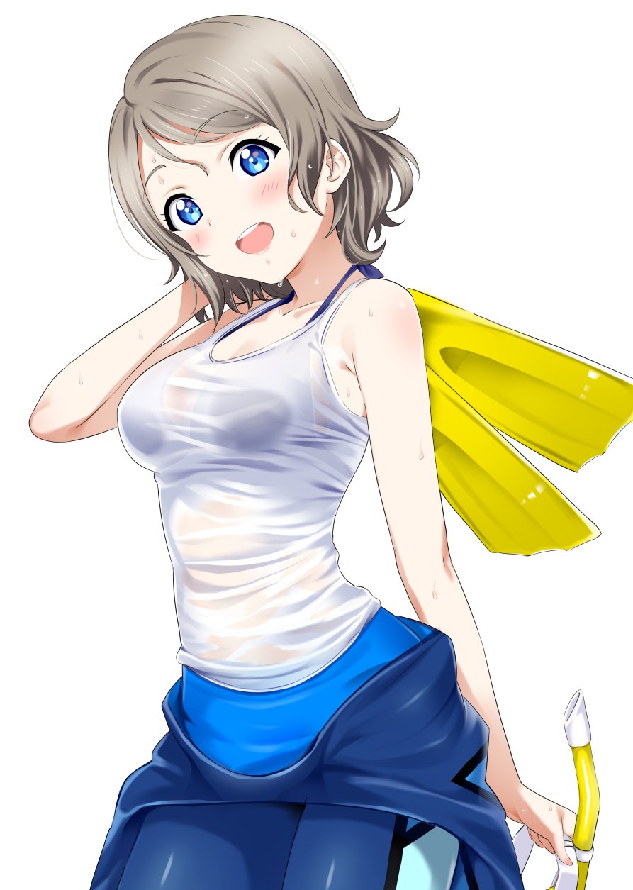 1girl :d =d bangs bikini bikini_top bikini_under_clothes blue_bikini_top blue_eyes blush breasts clothes_removed diving_suit eyebrows_visible_through_hair flippers grey_hair hair_between_eyes highres looking_at_viewer love_live! love_live!_sunshine!! medium_breasts open_mouth rozen5 scuba_gear see-through see-through_silhouette short_hair simple_background smile snorkel solo swimsuit tank_top watanabe_you wet wet_clothes wet_hair wetsuit white_background