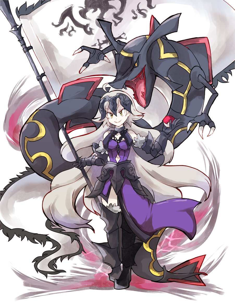 1girl ahoge alternate_color banner bare_shoulders black_armor chains crossover dress eyebrows eyebrows_visible_through_hair fate/grand_order fate_(series) faulds flag full_body gauntlets gen_3_pokemon greaves headpiece holding holding_poke_ball jeanne_d'arc_(alter)_(fate) jeanne_d'arc_(fate)_(all) legendary_pokemon long_hair mirui poke_ball poke_ball_(generic) pokemon pokemon_(creature) purple_dress rayquaza shiny_pokemon silver_hair smile v-shaped_eyebrows very_long_hair white_background white_hair yellow_eyes