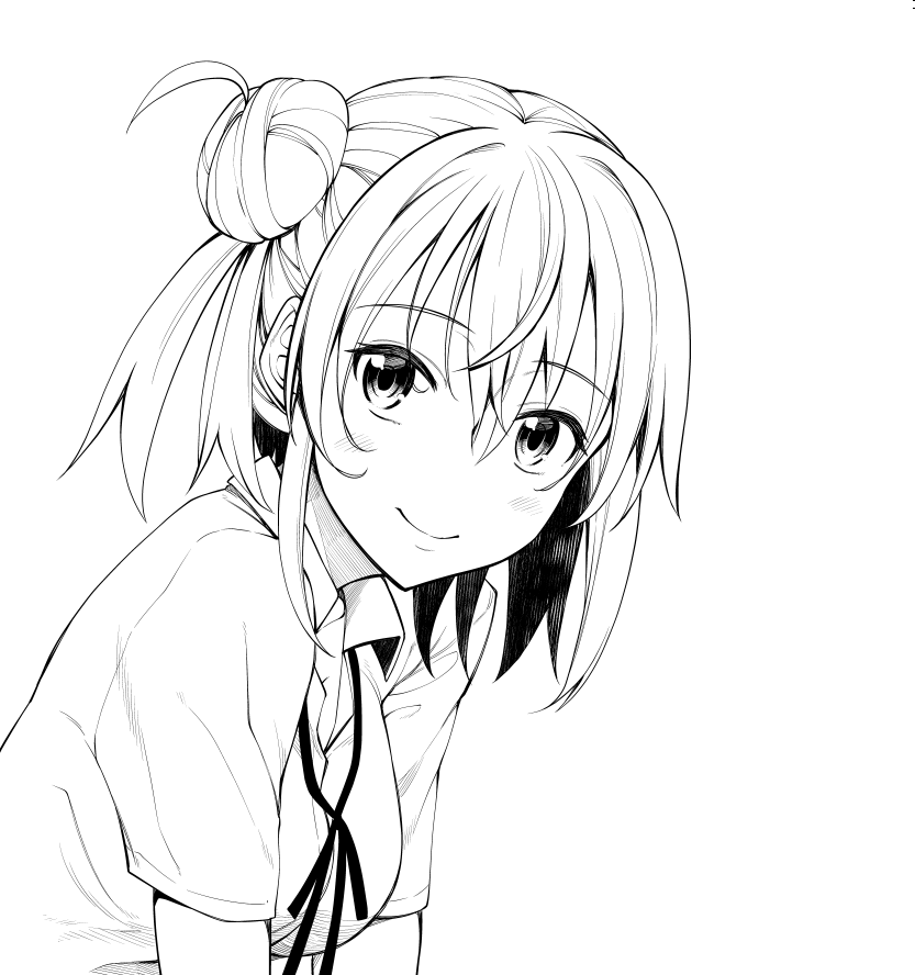 1girl akino_sora blush closed_mouth collared_shirt eyebrows_visible_through_hair greyscale hair_bun looking_at_viewer monochrome neck_ribbon no_nose ribbon school_uniform shirt short_hair short_sleeves side_bun simple_background smile solo upper_body white_background wing_collar yahari_ore_no_seishun_lovecome_wa_machigatteiru. yuigahama_yui