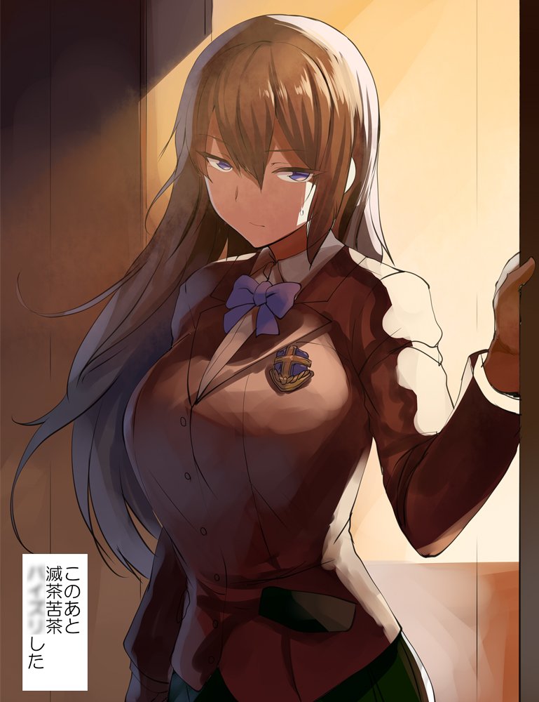 1girl badge bangs blue_eyes bow bowtie breasts brown_hair closed_mouth collared_shirt commentary_request copyright_request green_skirt hair_between_eyes hand_up huge_breasts jacket lolicept long_hair long_sleeves pleated_skirt red_jacket school_uniform shirt skirt solo sweatdrop they_had_lots_of_sex_afterwards violet_eyes wing_collar