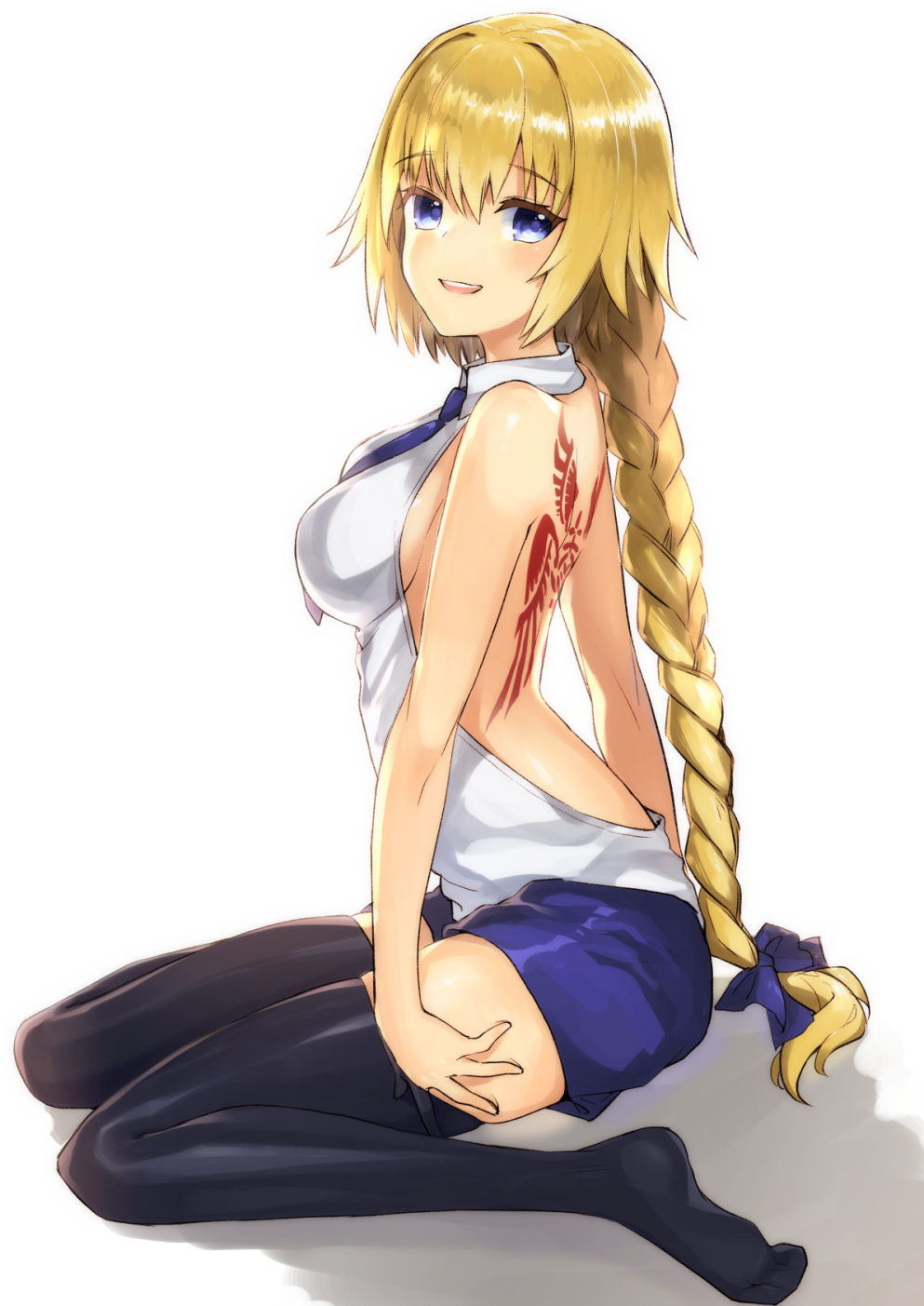 1girl backless_outfit black_legwear blonde_hair blue_bow blue_neckwear blue_shorts bow braid breasts fate/apocrypha fate_(series) from_side full_body hair_bow highres jeanne_d'arc_(fate) jeanne_d'arc_(fate)_(all) long_hair looking_at_viewer low-tied_long_hair medium_breasts ponytail short_shorts shorts sideboob simple_background single_braid sitting sleeveless solo tanaka_arumi thigh-highs very_long_hair white_background zettai_ryouiki