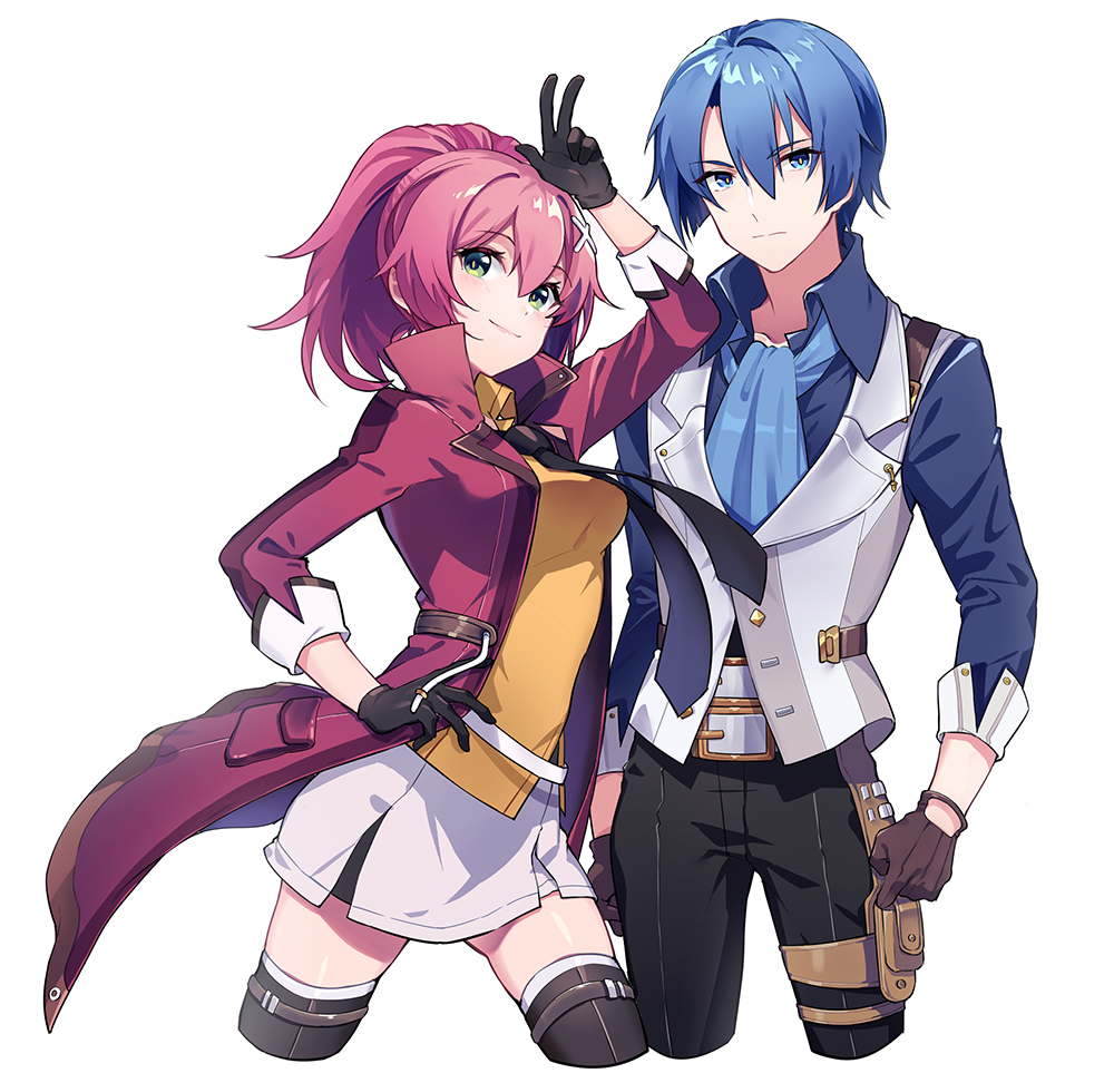 1boy 1girl black_gloves black_neckwear blue_eyes blue_hair blush breasts brown_gloves character_request closed_mouth eiyuu_densetsu gloves green_eyes hair_ornament long_sleeves looking_at_viewer medium_breasts necktie pink_hair sen_no_kiseki sen_no_kiseki_4 sharlorc short_hair short_ponytail skirt smile v white_skirt x_hair_ornament