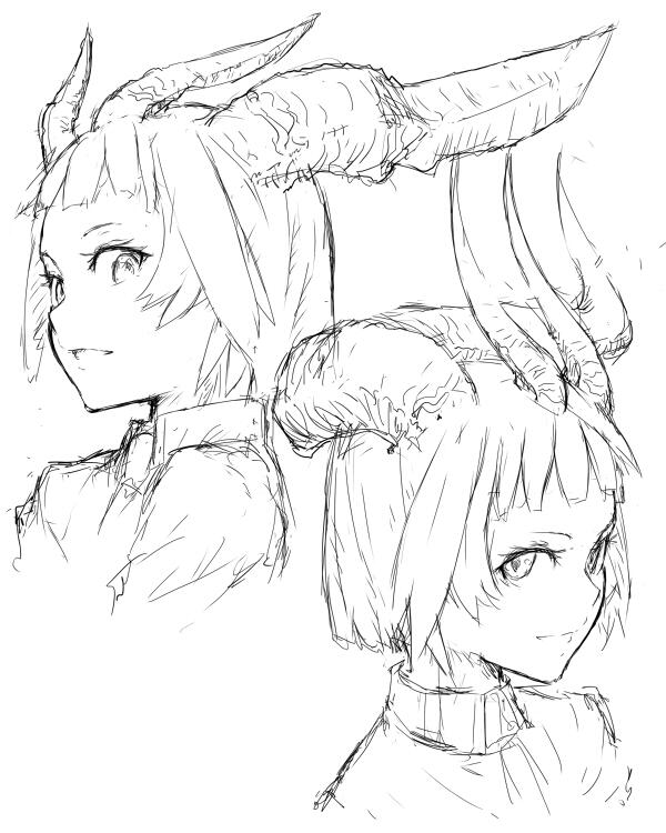 2girls asymmetrical_horns closed_mouth greyscale horns jaco looking_at_viewer monochrome multiple_girls original parted_lips shirt short_hair simple_background sketch smile white_background