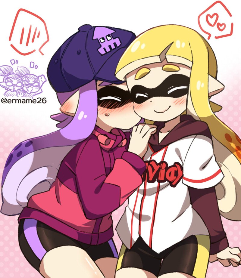 2boys 2girls ^_^ arms_behind_back bangs baseball_cap bike_shorts black_shorts blonde_hair blunt_bangs blush cheek_kiss closed_eyes closed_mouth cowboy_shot ear_blush eromame facing_another hand_on_another's_shoulder hat heart inkling inkling_(language) jacket kiss leaning leaning_forward long_hair long_sleeves multiple_boys multiple_girls nose_blush pointy_ears purple_hair purple_hat shorts smile splatoon splatoon_1 spoken_blush spoken_heart standing suction_cups tentacle_hair thigh_gap track_jacket twitter_username yuri