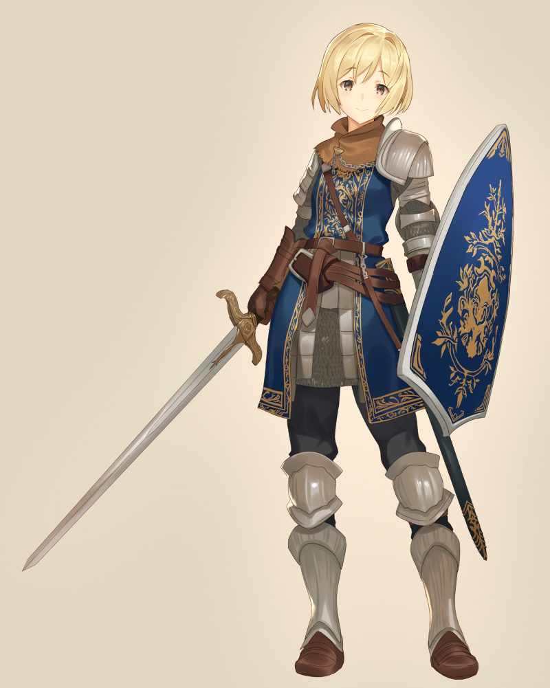 1girl armor belt black_pants blonde_hair boots brown_eyes brown_footwear brown_gloves closed_mouth commentary_request contrapposto dark_souls dark_souls_iii eyebrows_visible_through_hair faulds gloves grey_background holding holding_sword holding_weapon keemu_(occhoko-cho) knee_pads knight looking_at_viewer pants shield short_hair simple_background smile solo souls_(from_software) spaulders standing sword weapon