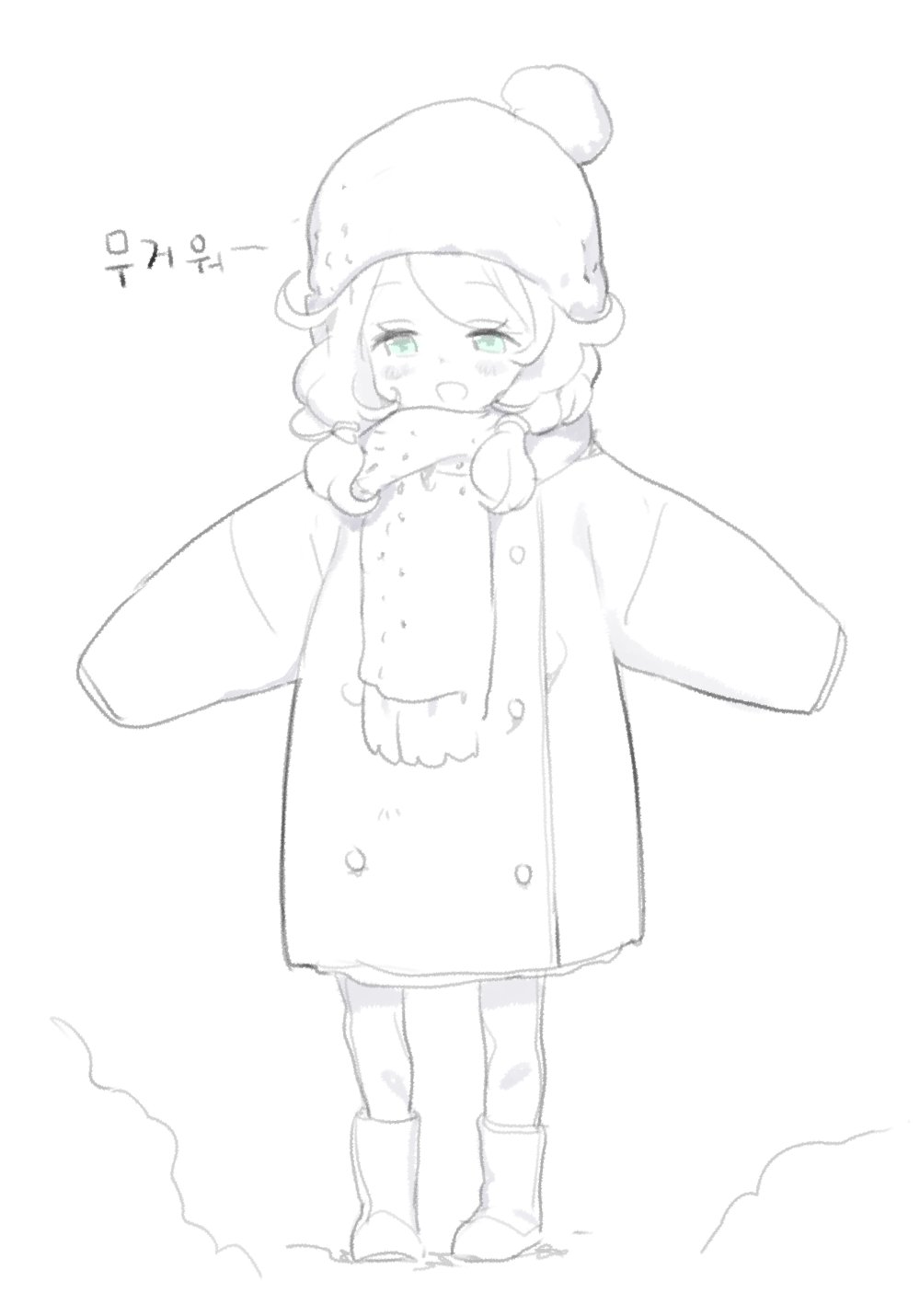 1girl :d blush boots coat doremi green_eyes greyscale highres korean low_twintails monochrome open_mouth original outstretched_arms pale_color pantyhose scarf short_hair simple_background sleeves_past_fingers smile solo spot_color spread_arms standing translation_request twintails white_background