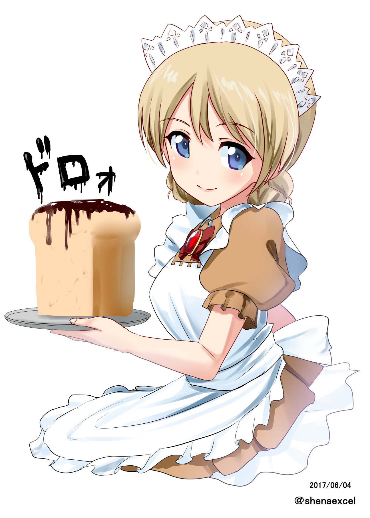 1girl alternate_costume apron bangs blonde_hair blue_eyes braid bread brooch brown_dress chocolate_syrup closed_mouth collared_dress commentary_request darjeeling dated dress enmaided excel_(shena) eyebrows_visible_through_hair food girls_und_panzer highres holding jewelry looking_at_viewer maid maid_apron maid_headdress puffy_short_sleeves puffy_sleeves short_hair short_sleeves simple_background smile solo standing tied_hair tray twin_braids twitter_username white_apron white_background