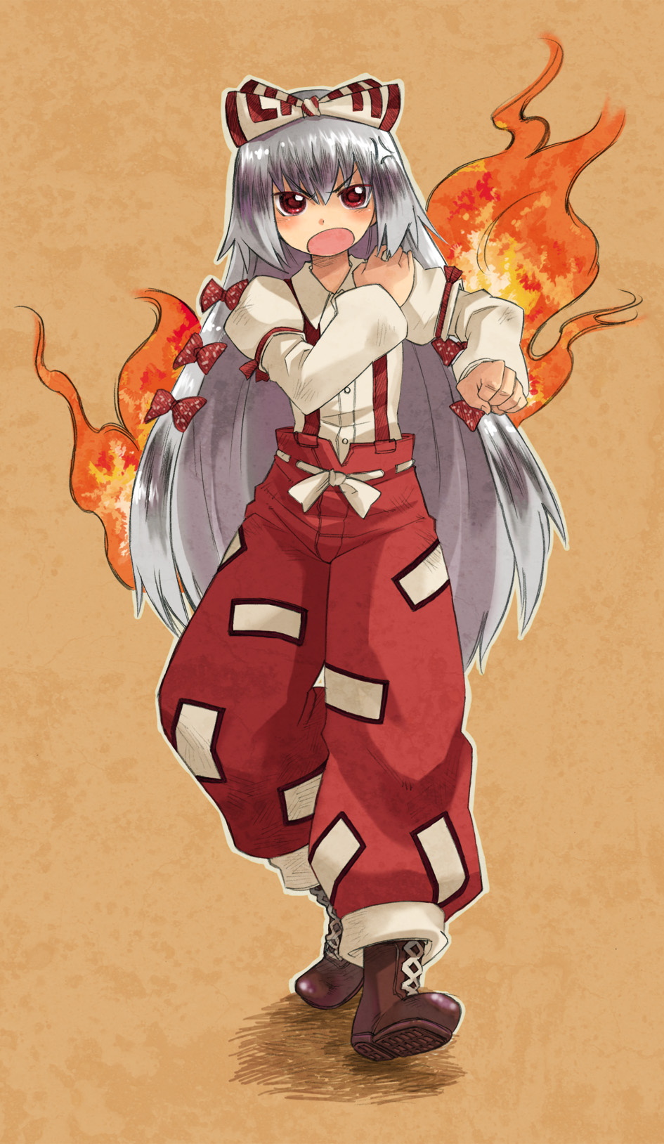 boots fire fujiwara_no_mokou hair_ribbon hands highres nada_haruka red_eyes ribbon silver_hair touhou traditional_media