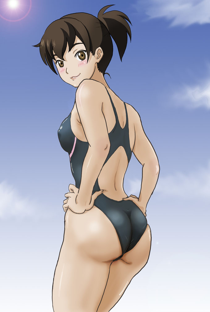 ass blush brown_eyes brown_hair competition_swimsuit from_behind ga-rei ga-rei_zero hands_on_hips looking_back one-piece_swimsuit orion orion_(baranomitsu) ponytail short_hair smile swimsuit yanase_chizuru