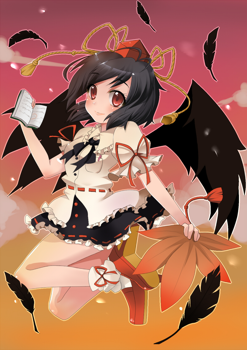 black_wings book fan feathers geta hat red_eyes shameimaru_aya shie short_hair tengu-geta tokin_hat touhou wings