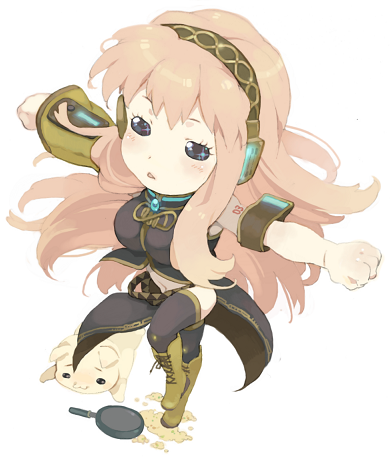 akusyu armband armlet blush chibi double_lariat_(vocaloid) frying_pan headphones long_skirt lowres megurine_luka pink_hair side_slit thigh-highs thighhighs vocaloid