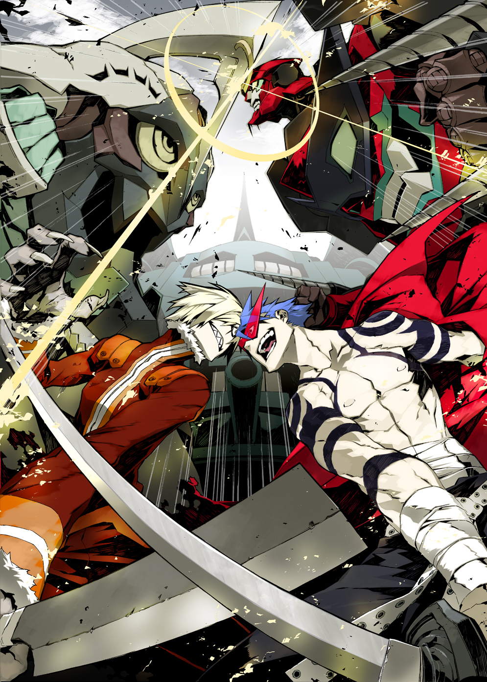 drill enkidu epic epo_kishi gurren-lagann highres kamina lens_flare male manly mecha miwa_shirou miwa_shirow sarashi sharp_teeth shirtless sunglasses super_robot sword tattoo tengen_toppa_gurren_lagann viral weapon