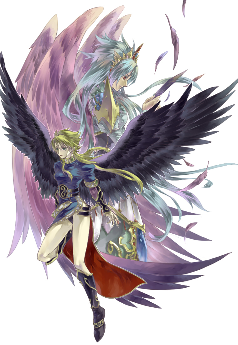 black_panties black_wings blonde_hair blue_dress blue_hair boots breasts breath_of_fire breath_of_fire_ii dress dual_persona feathers fingerless_gloves gauntlets gloves green_eyes knee_boots legs long_hair long_legs nina_(breath_of_fire_ii) nina_ii panties red_eyes ryuu_(mat_hin) ryuu_(pixiv345842) side_slit thighs tiara underwear very_long_hair wings