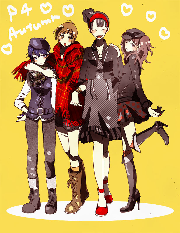 amagi_yukiko androgynous beret black_hair blue_eyes blue_hair boots brown_eyes brown_hair casual contemporary dress fashion hairband hat high_heels jacket jewelry knee_boots kujikawa_rise multiple_girls necklace parka persona persona_4 red_hair redhead satonaka_chie scarf shirogane_naoto shoes short_hair skirt smile twintails wink