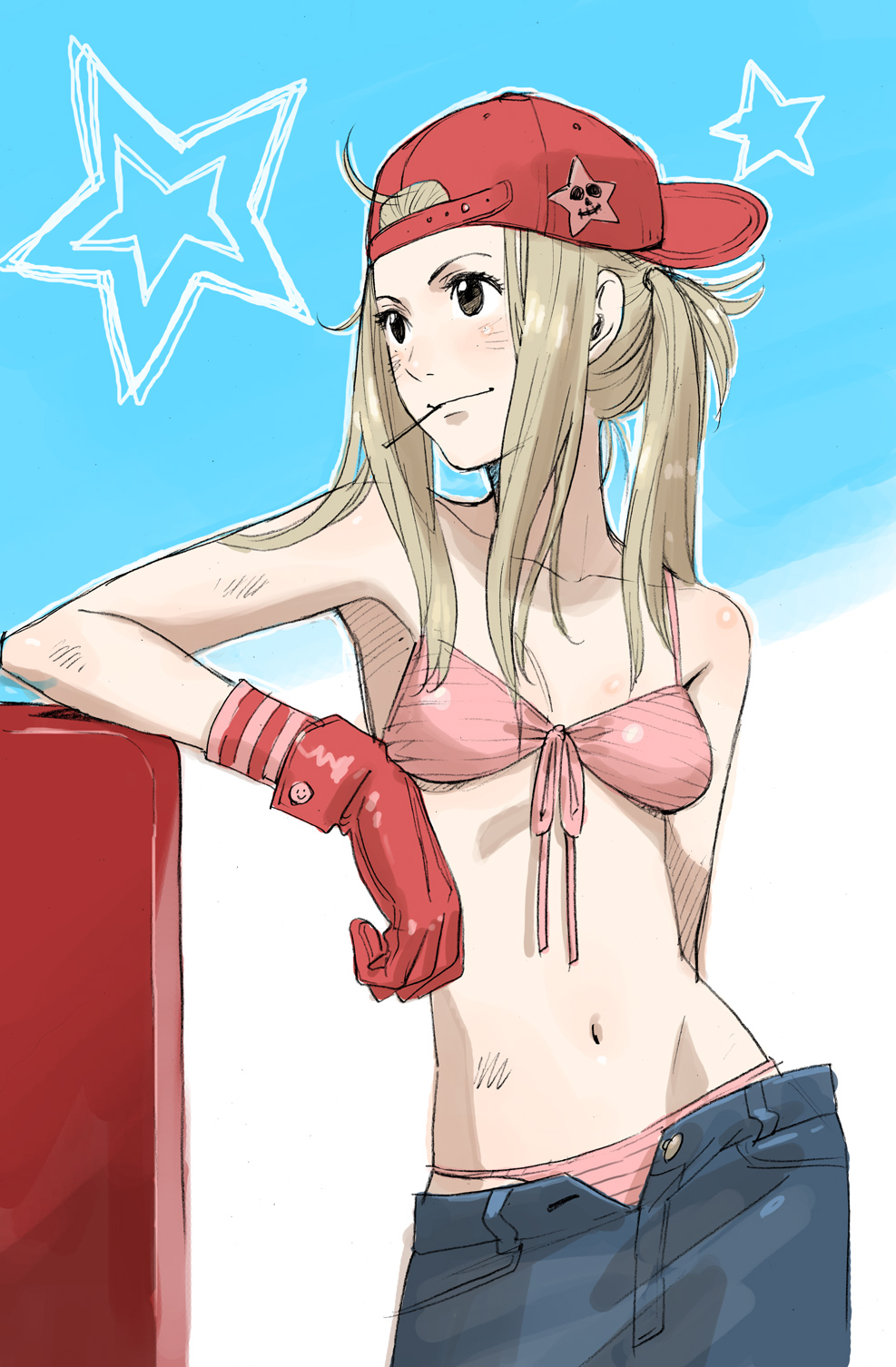 arm_support armpits backwards_hat baseball_cap bikini blonde_hair blush brown_eyes dirty flat_chest front-tie_top gloves hat highres jeans kozaki_yusuke kozaki_yuusuke long_hair mouth_hold navel open_fly original outdoors sketch sky smile solo standing star stgar swimsuit swimsuit_under_clothes toothpick twintails unzipped