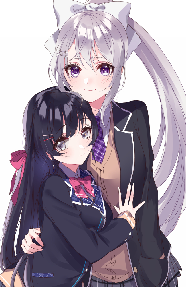 2girls bangs black_blazer black_hair blazer blush bow brown_cardigan cardigan closed_mouth collared_shirt eyebrows_visible_through_hair fingernails grey_eyes grey_skirt hair_between_eyes hair_bow hair_ornament hairclip high_ponytail higuchi_kaede jacket long_hair misumi_(macaroni) multiple_girls necktie nijisanji open_blazer open_clothes open_jacket pink_bow plaid plaid_neckwear plaid_skirt pleated_skirt ponytail purple_neckwear school_uniform shirt silver_hair simple_background skirt smile tsukino_mito very_long_hair violet_eyes virtual_youtuber white_background white_bow white_shirt