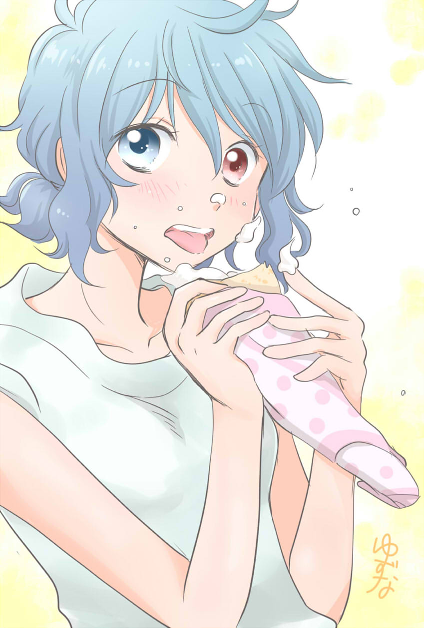 1girl blue_eyes blue_hair blue_shirt collarbone crepe eating food food_on_face heterochromia highres icing looking_at_viewer messy_hair red_eyes shirt short_hair solo tatara_kogasa tongue tongue_out touhou yuzuna99